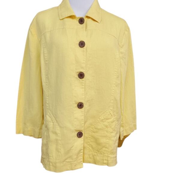 CHICO'S 1 Yellow 100% Linen Jacket M Pockets Light Office Career Travel Vacation - Picture 1 of 10